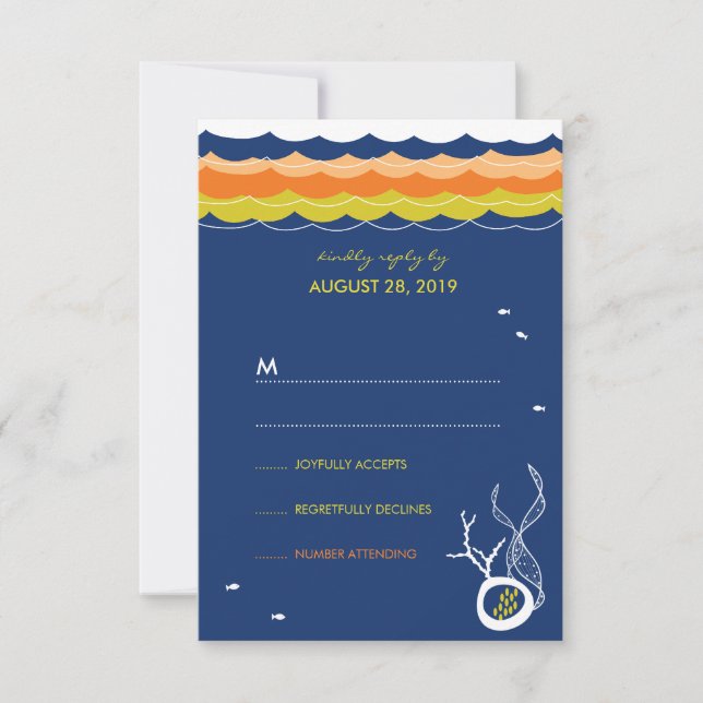 Kissing Fishes Corals Beach Whimsical Weding RSVP (Frente)