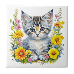 Kit de Aquarela Gatinho em Flores Amarelas e Rosas