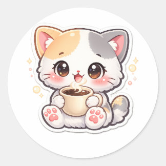Kit de Café Kawaii Gatinho Adesivo Redondo - Gato