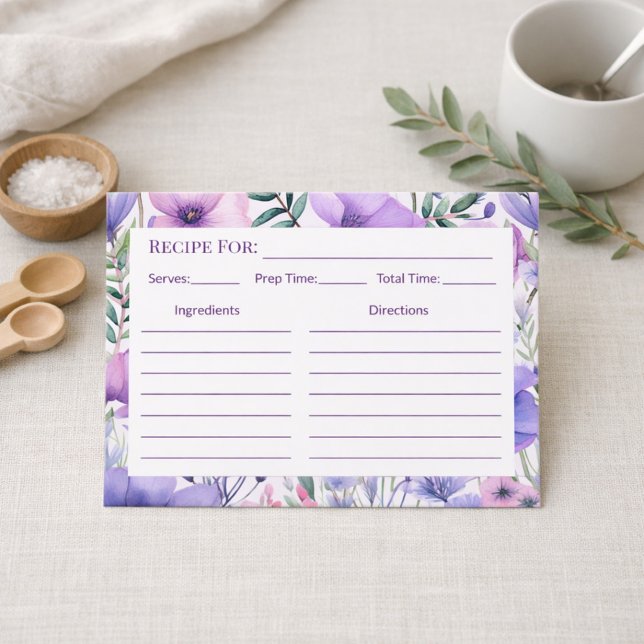 Kitchen Gift Elegant Purple Floral Recipe Card (Criador carregado)
