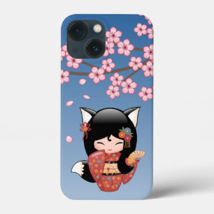 Kitsune Kokeshi Doll - Rapariga Negra Fox Geisha