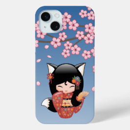 Kitsune Kokeshi Doll - Rapariga Negra Fox Geisha