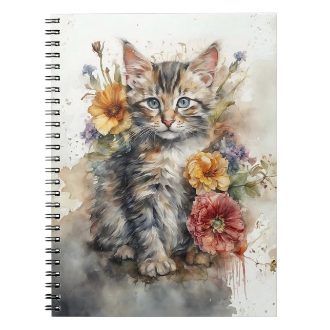 Kitten Aquarela com Caderno Espiral de Flores Silv (Frente)