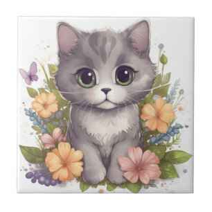 Kitten Cinza Doce com Flores Kawaii Chibi