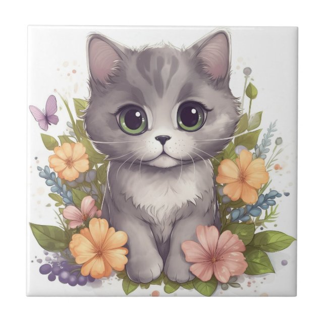 Kitten Cinza Doce com Flores Kawaii Chibi (Frente)