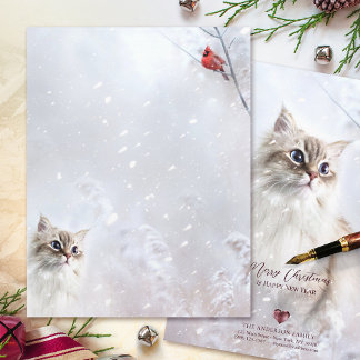 Kitten e Red Cardinal em Neve - Papel de carta de