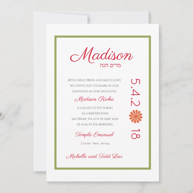 Kiwi Rosa e Flor Laranja - Convite Mitzvah (Frente)