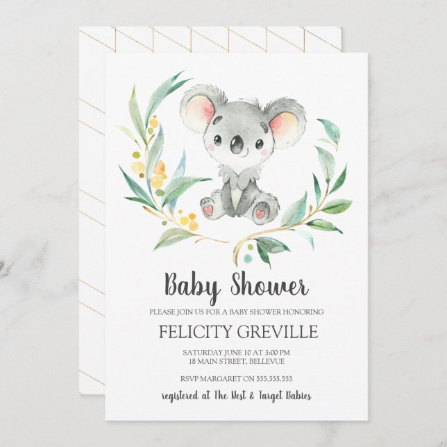 Koala Bush Baby | Convites para chuveiro de bebês (Frente/Verso)