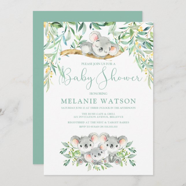 Koala Bush Bebês Bebês Convites Para Bebê (Frente/Verso)