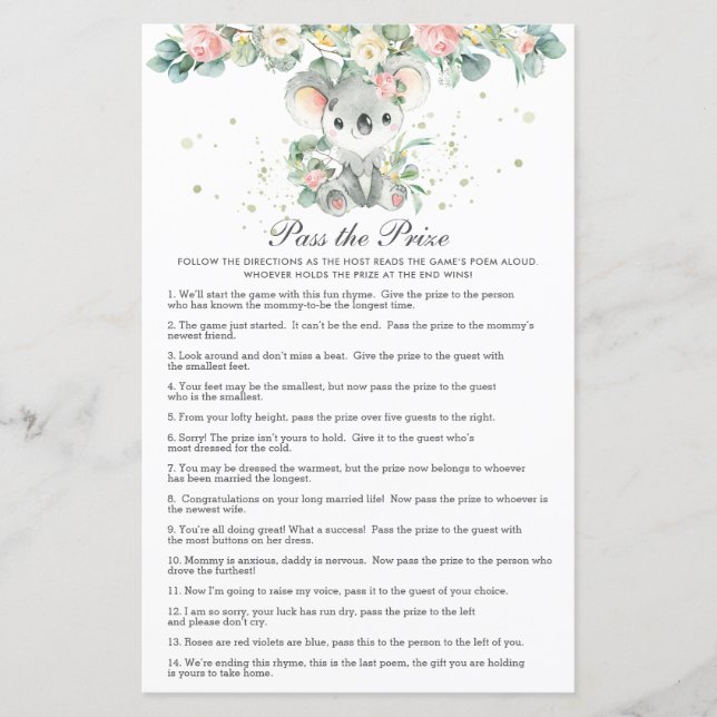 Koala Floral Greenery Baby Shower Pass the Prize  (Frente)
