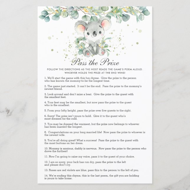 Koala Greenery Baby Shower Pass the Prize  (Frente)