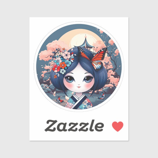 kokeshi com paisagem azul, adesivo kokeshi (Folha)