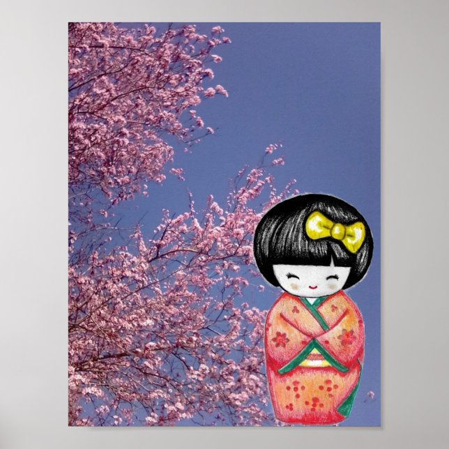Kokeshi Doll Sakura Cherry Blossoms Poster Print (Frente)