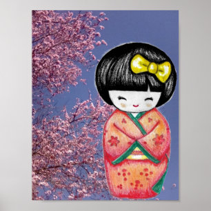 Kokeshi Doll Sakura Cherry Blossoms Print Poster