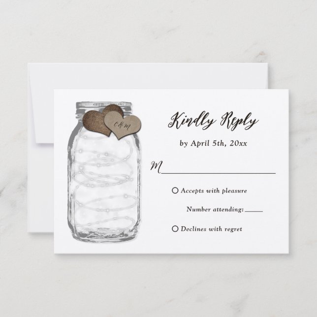 Kraft Mason Jar Hearts Lights Wedding RSVP Card (Frente)