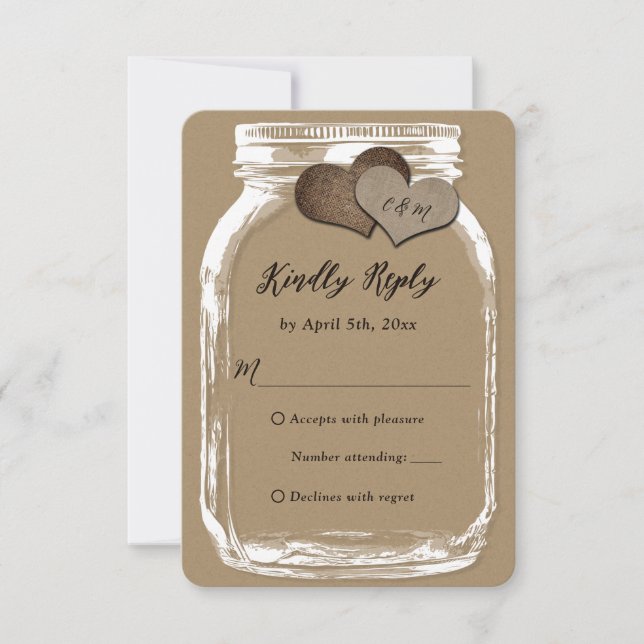 Kraft Paper Mason Jar Two Hearts Wedding RSVP (Frente)
