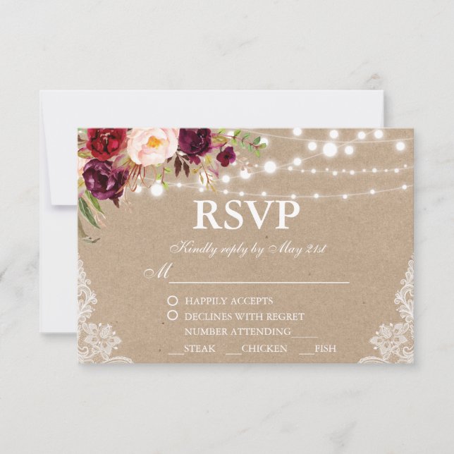 Kraft Rustic Wedding Lace Floral RSVP w/Meal (Frente)