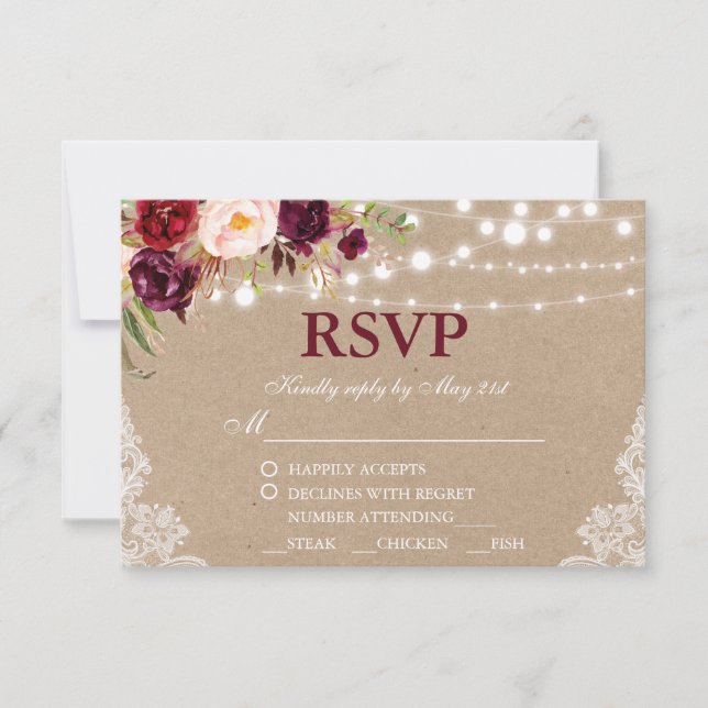 Kraft Rustic Wedding Lace Floral RSVP w/Meal B (Frente)