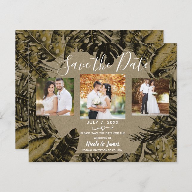 Kraft Tropical Palm Sai do Casamento Salve a Data (Frente/Verso)