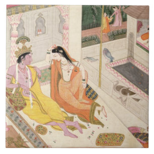 Krishna e Radha em uma cama em um palácio do