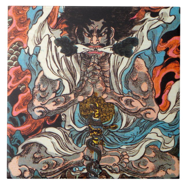 Kuniyoshi O guerreiro asiático samurai andando cob (Frente)