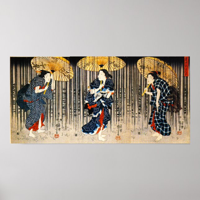 Kuniyoshi Três Mulheres com Poster de Guarda-chuva (Frente)
