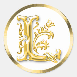 L inicial etiqueta redonda no ouro