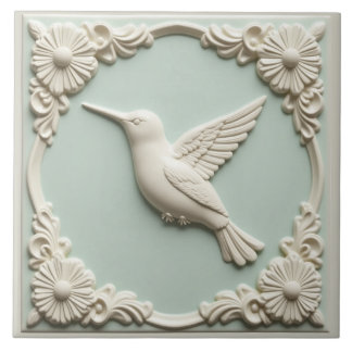 L Mint green faux relief Art Nouveau Hummingbird 