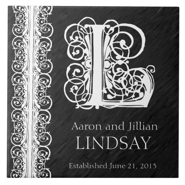 L Monograma Azulejo de Casamento "White Lace on Bl (Frente)