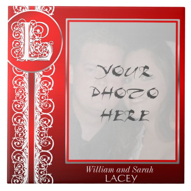 L Monograma "White Lace on Red" com Photo - Azulej (Frente)