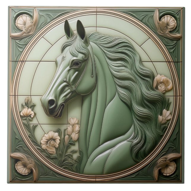 L Sage green faux relief Art Nouveau Horse Head (Frente)