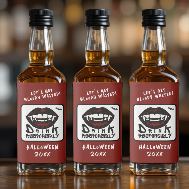 Lábios Vermelhos Halloween Presas Vampiros Bebem R (Halloween Red Lips Vampire Fangs Drink Responsibly Liquor Bottle Label
)