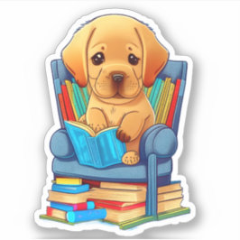 Labrador Puppy lendo um adesivo de livro