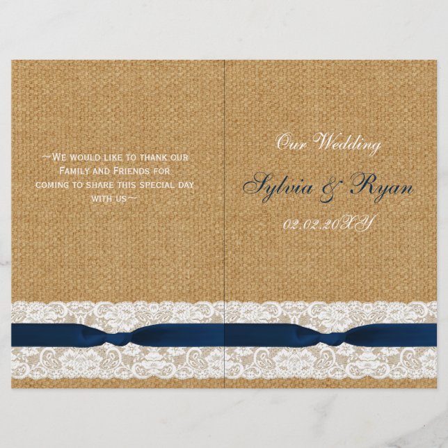 Lace de burlap FAUX, programas de casamento rústic (Frente)