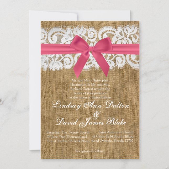 Lace de Burlap Pink de Convite para Casamento 5x7 (Frente)