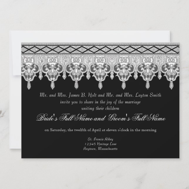Lace de queda, preto, Cinza e Convite de casamento (Frente)