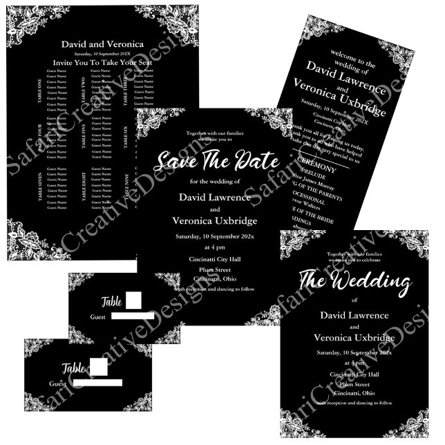 Lace Preto e Branco Salvar o Convite de Data (White on black lace wedding collection. Customizable collection of wedding invitations etc.)