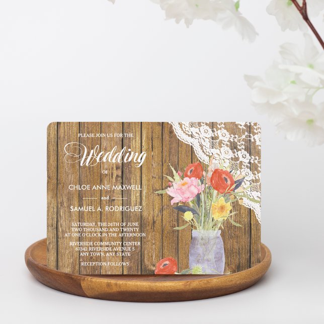 Lace Wood Mason Jar Floral Weding Convite (Criador carregado)