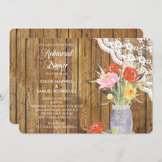 Lace Wood Mason Jar Janto de ensaio Convite (Frente/Verso)