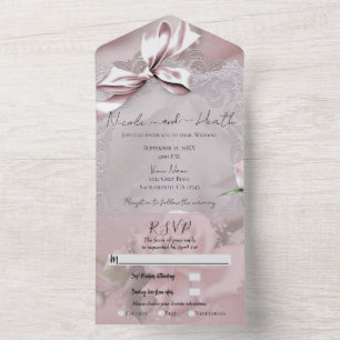 Laço de cetim rosa e foto de casamento romântico c