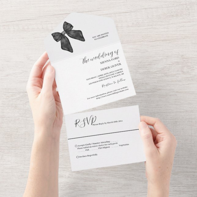 Laço de Fita Clássico Casamento Preto e Branco (Aba destacável)