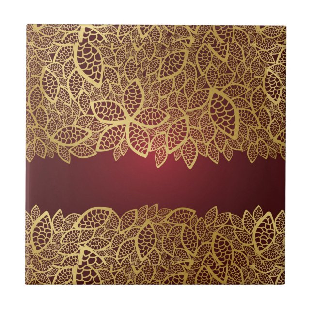 Laço dourado da folha no fundo vermelho (Frente)