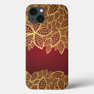 Laço dourado da folha no fundo vermelho