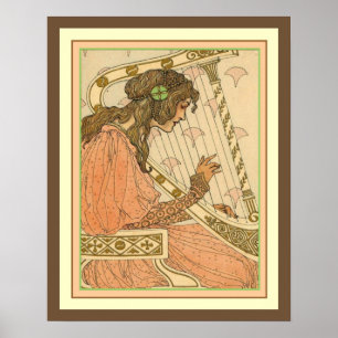 Lady & Harp Art Nouveau Impressão 16 x 20