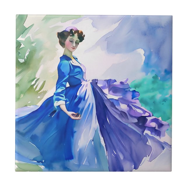 Lady in Blue Vress - Pintura por Aquarela (Frente)