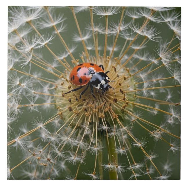 Ladybird no relógio de dandelion. Fotografia macro (Frente)