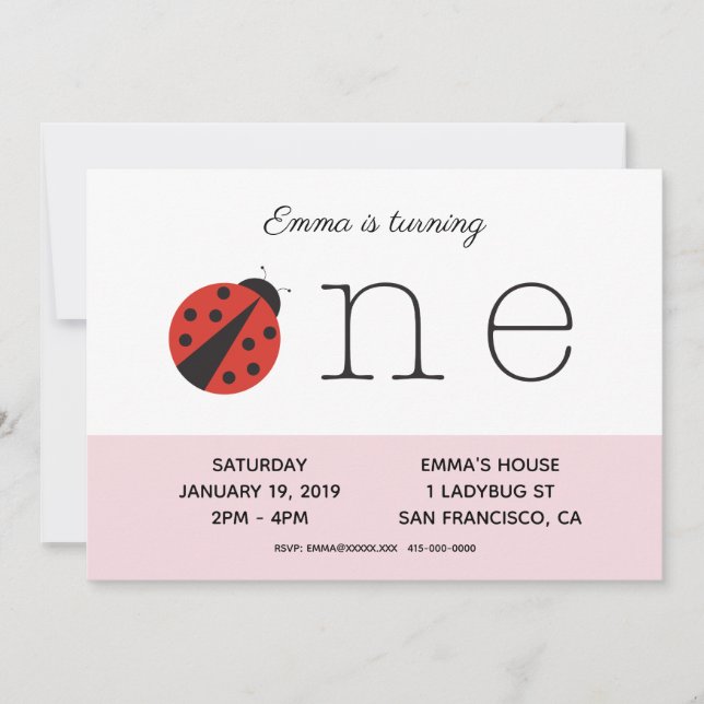 Ladybug primeiro convite de aniversário a rosa (Frente)