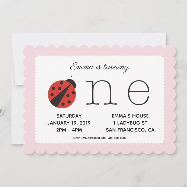 Ladybug primeiro convite de aniversário a rosa (Frente)