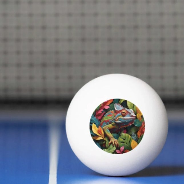 Lagarto Folhas & Bola de Ping Pong Colorida (Colourful Lizard Tropical Jungle Art ping pong ball. 3-star balls  ITTF's competition specifications)