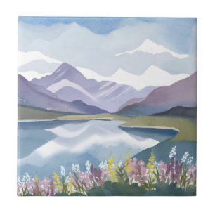 Lago da Montanha   Paisagem em Aquarela Floral